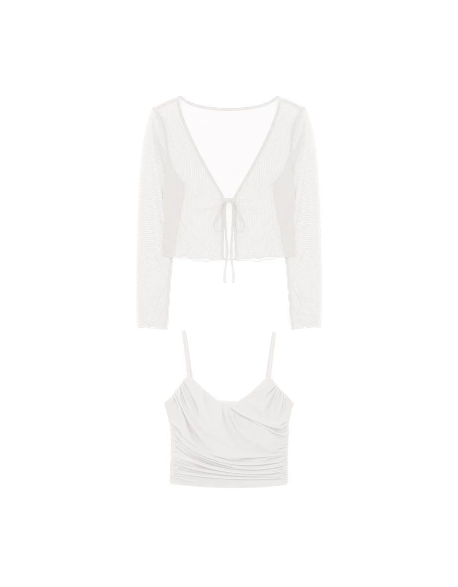 V領綁帶木耳邊透紗長袖罩衫交叉抓褶細肩帶BRA背心套裝 V領綁帶木耳邊透紗長袖罩衫交叉抓褶細肩帶BRA背心套裝