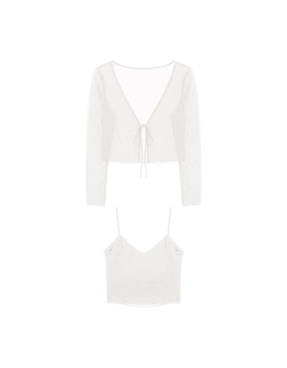 V領綁帶木耳邊透紗長袖罩衫交叉抓褶細肩帶BRA背心套裝 V領綁帶木耳邊透紗長袖罩衫交叉抓褶細肩帶BRA背心套裝