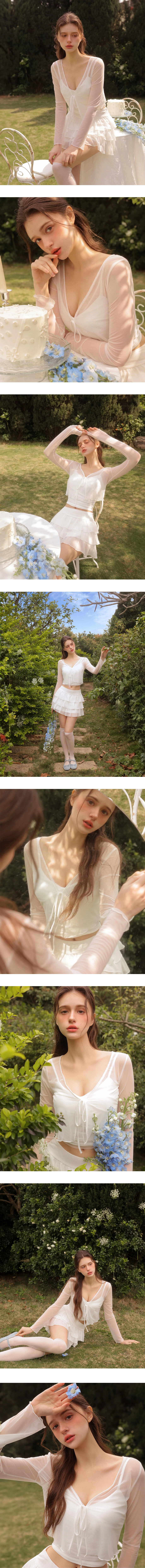 V領綁帶木耳邊透紗長袖罩衫交叉抓褶細肩帶BRA背心套裝 V領綁帶木耳邊透紗長袖罩衫交叉抓褶細肩帶BRA背心套裝