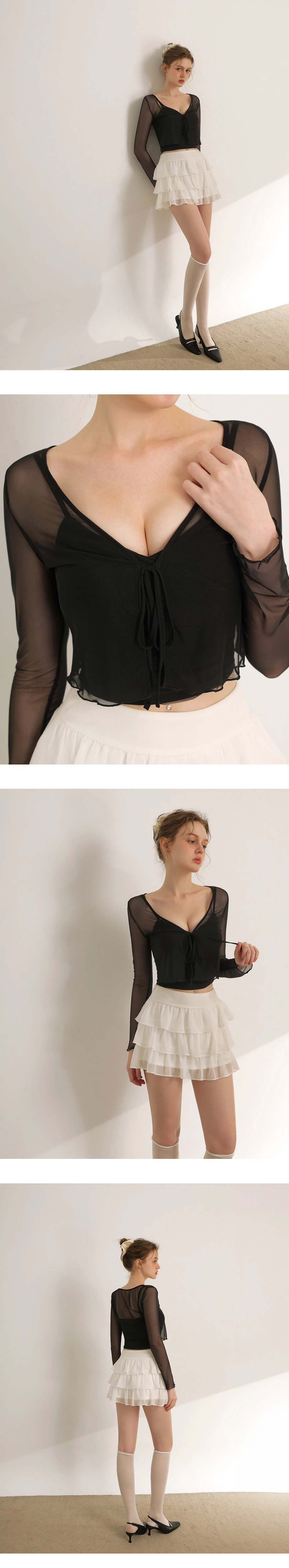 V領綁帶木耳邊透紗長袖罩衫交叉抓褶細肩帶BRA背心套裝 V領綁帶木耳邊透紗長袖罩衫交叉抓褶細肩帶BRA背心套裝