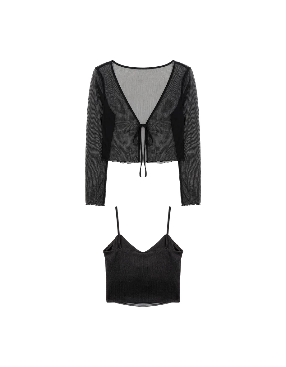 V領綁帶木耳邊透紗長袖罩衫交叉抓褶細肩帶BRA背心套裝 V領綁帶木耳邊透紗長袖罩衫交叉抓褶細肩帶BRA背心套裝