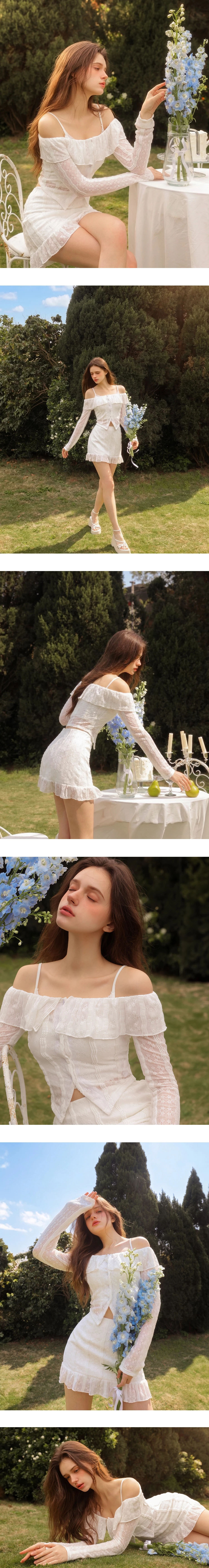 反摺荷葉一字領刺繡蕾絲長袖上衣細肩帶BRA背心套裝