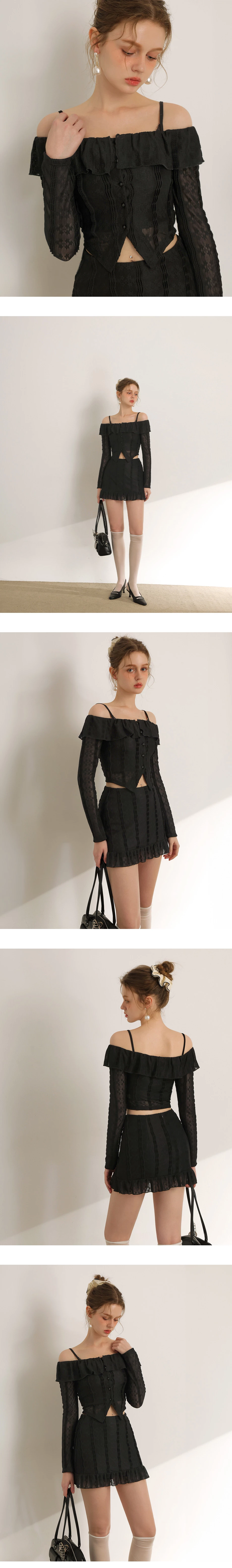 反摺荷葉一字領刺繡蕾絲長袖上衣細肩帶BRA背心套裝