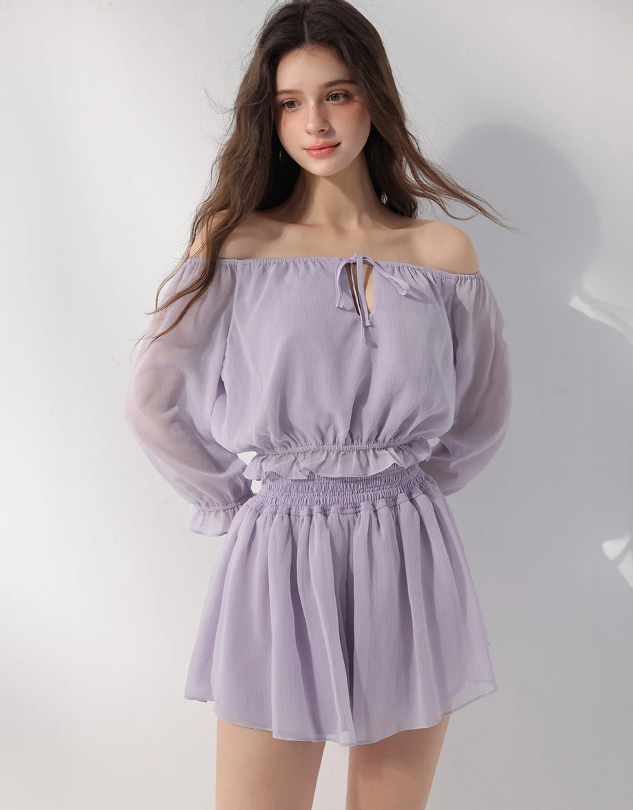 一字領綁帶荷葉鬆緊下擺澎袖短版雪紡上衣高腰傘擺短褲套裝