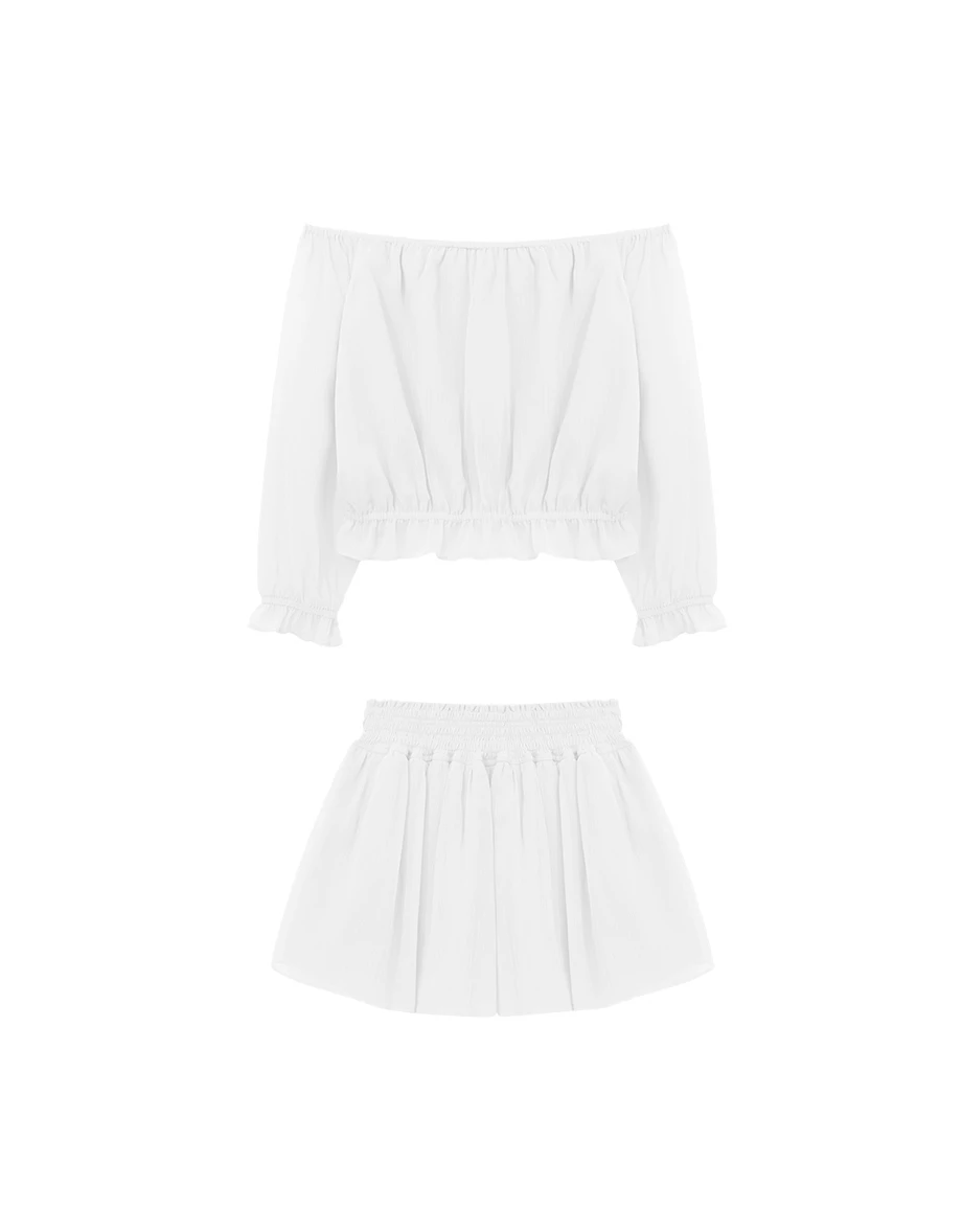 一字領綁帶荷葉鬆緊下擺澎袖短版雪紡上衣高腰傘擺短褲套裝