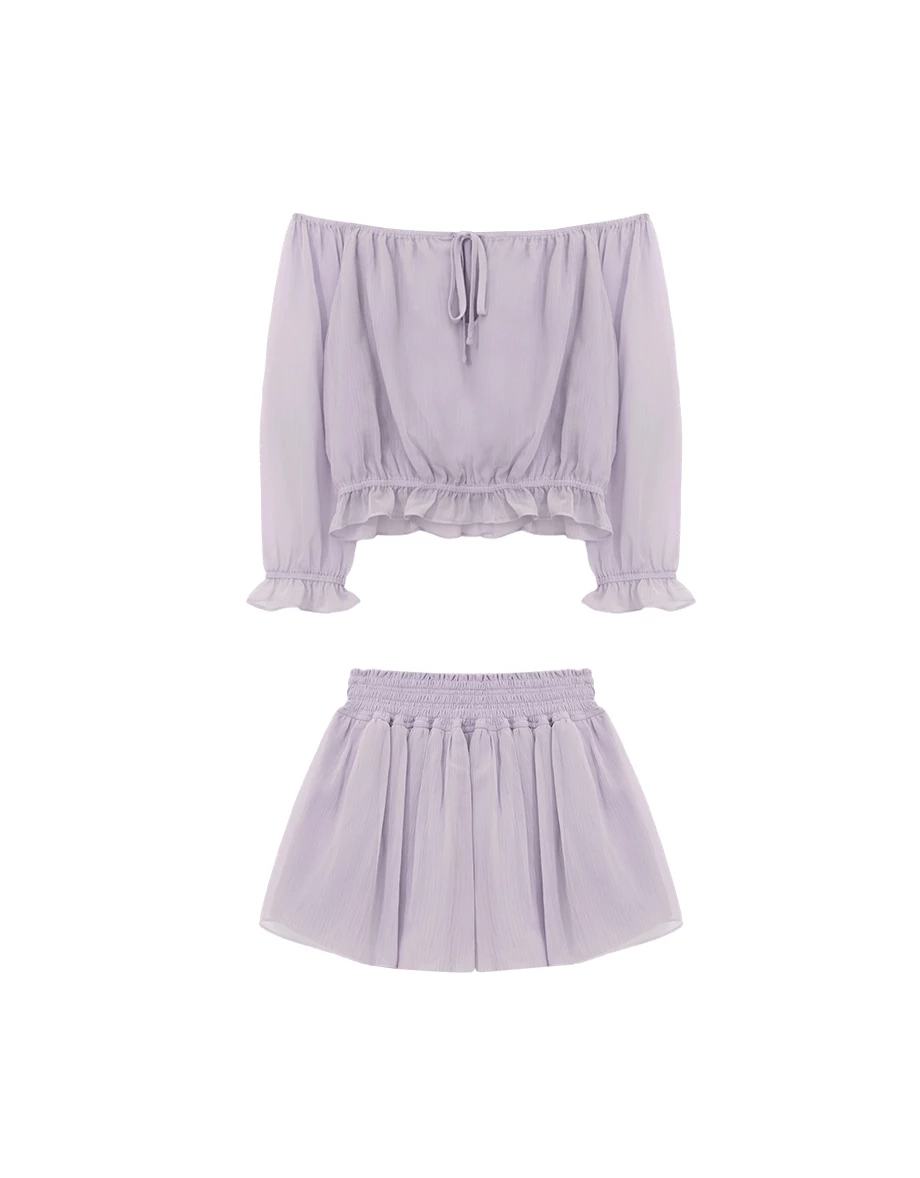 一字領綁帶荷葉鬆緊下擺澎袖短版雪紡上衣高腰傘擺短褲套裝