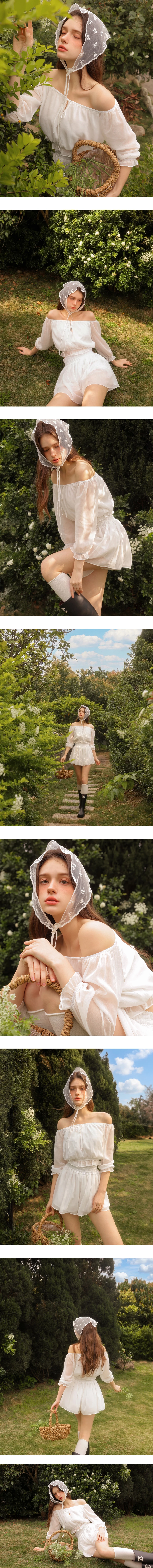 一字領綁帶荷葉鬆緊下擺澎袖短版雪紡上衣高腰傘擺短褲套裝