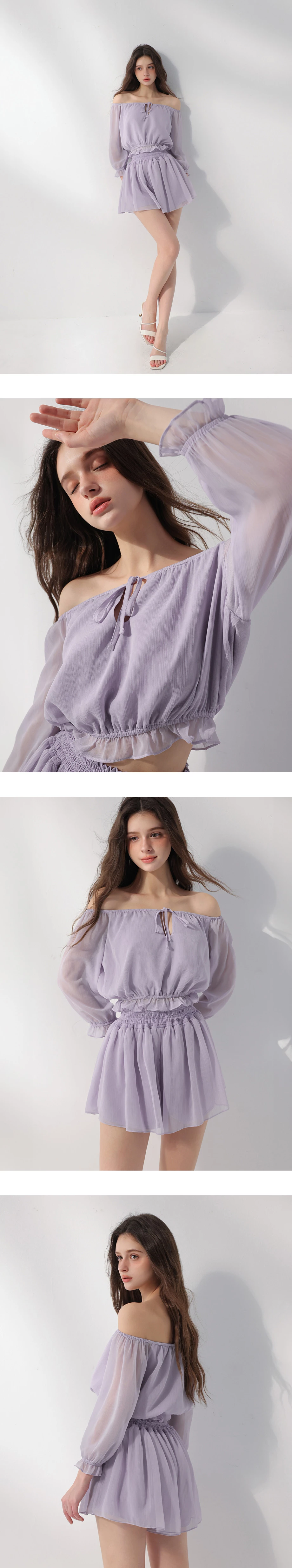 一字領綁帶荷葉鬆緊下擺澎袖短版雪紡上衣高腰傘擺短褲套裝