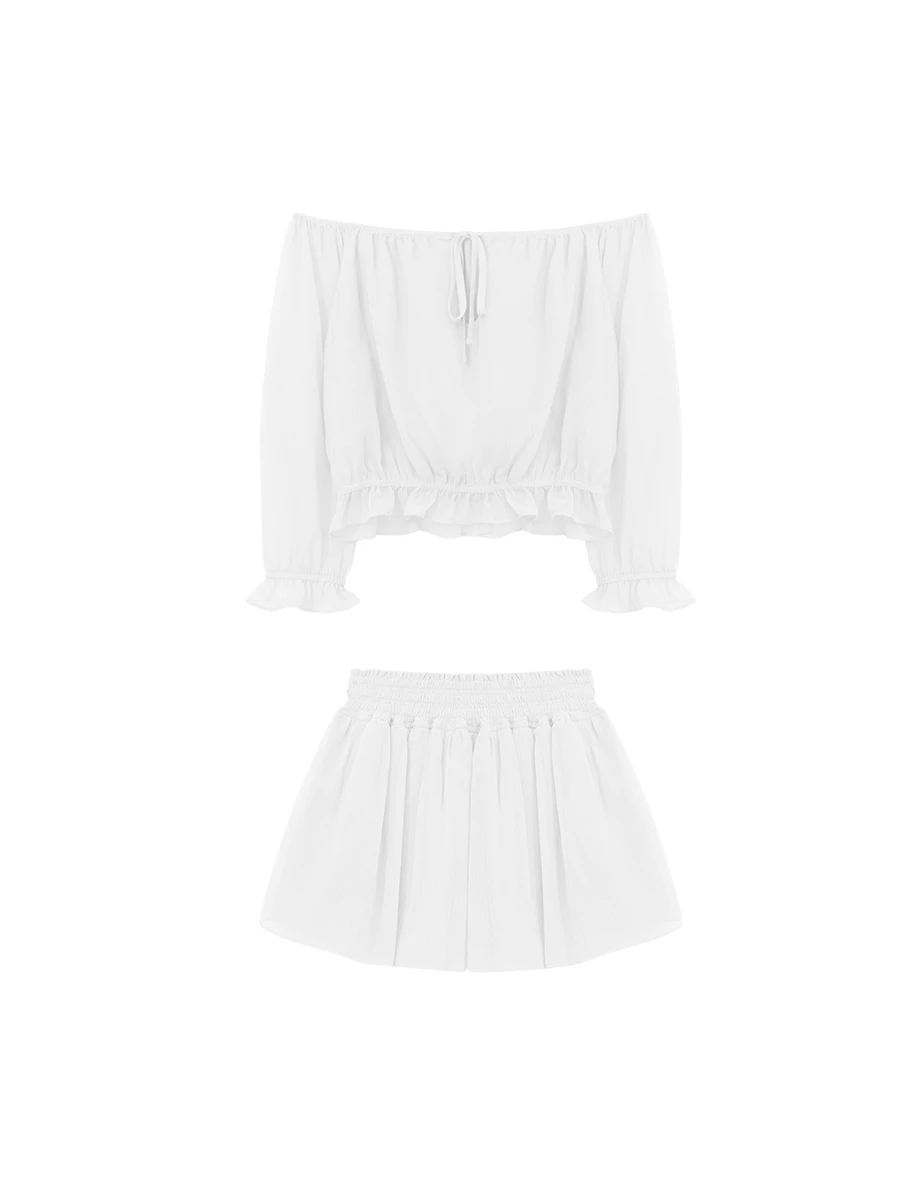 一字領綁帶荷葉鬆緊下擺澎袖短版雪紡上衣高腰傘擺短褲套裝