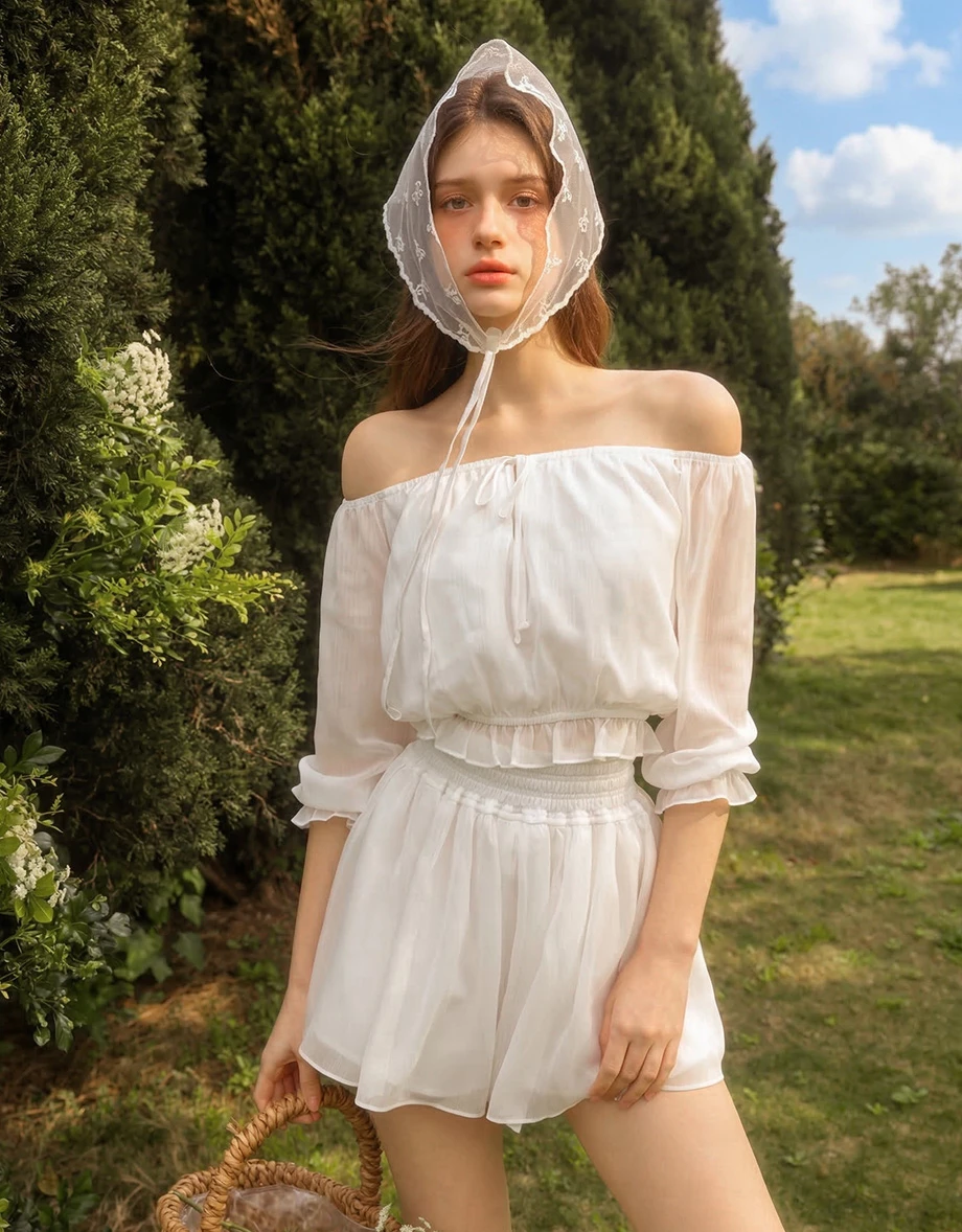 一字領綁帶荷葉鬆緊下擺澎袖短版雪紡上衣高腰傘擺短褲套裝