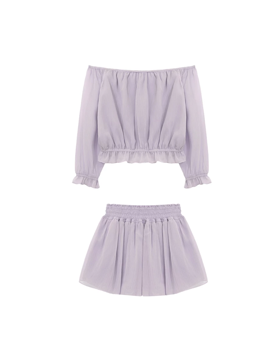 一字領綁帶荷葉鬆緊下擺澎袖短版雪紡上衣高腰傘擺短褲套裝