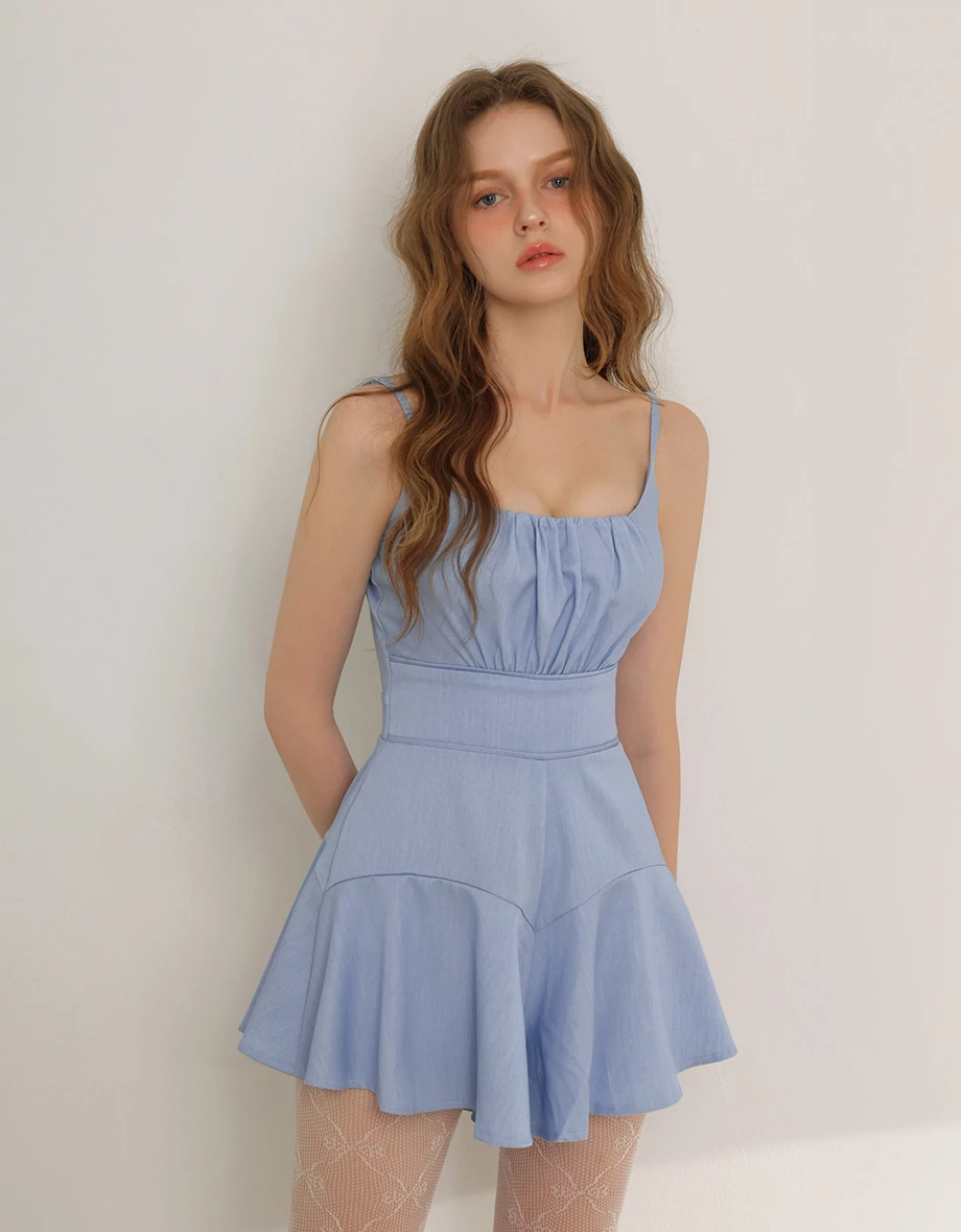 平口抓皺細肩帶傘擺連身短褲