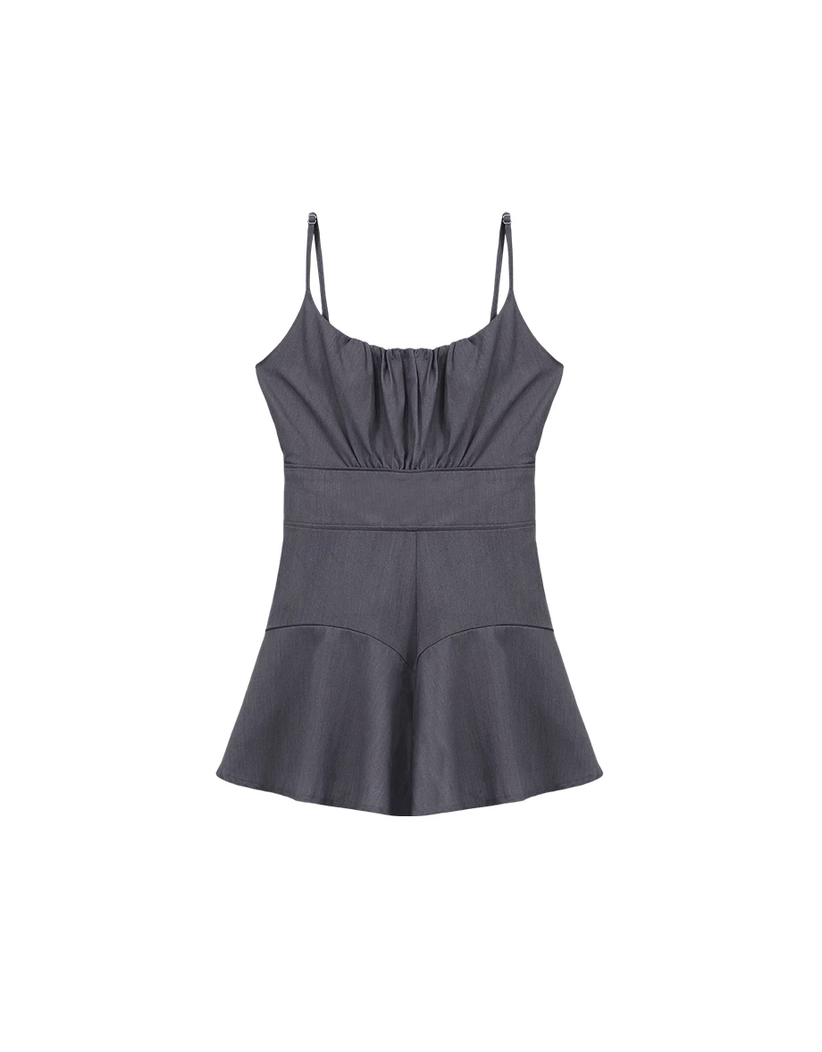 平口抓皺細肩帶傘擺連身短褲