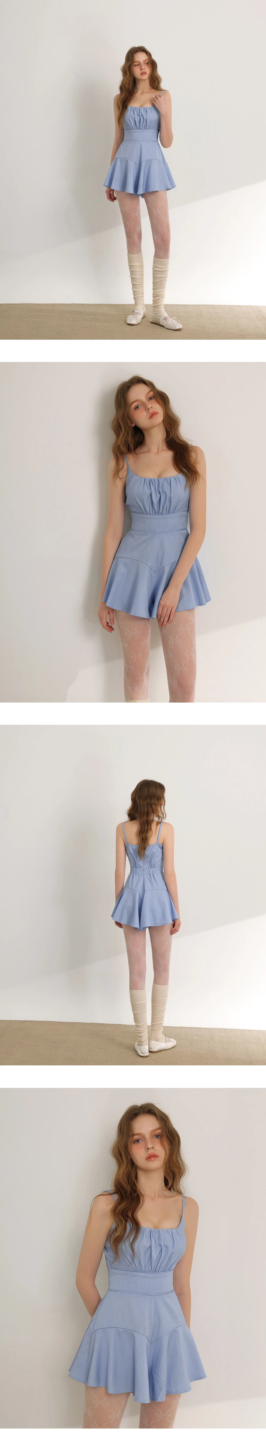 平口抓皺細肩帶傘擺連身短褲