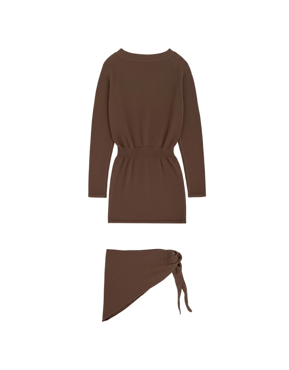 V Neck Long Sleeve Ribbed Knit Mini Dress (with Scarf)