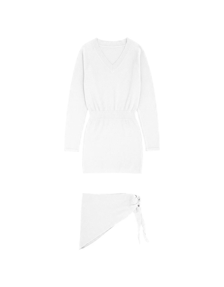 V Neck Long Sleeve Ribbed Knit Mini Dress (with Scarf)