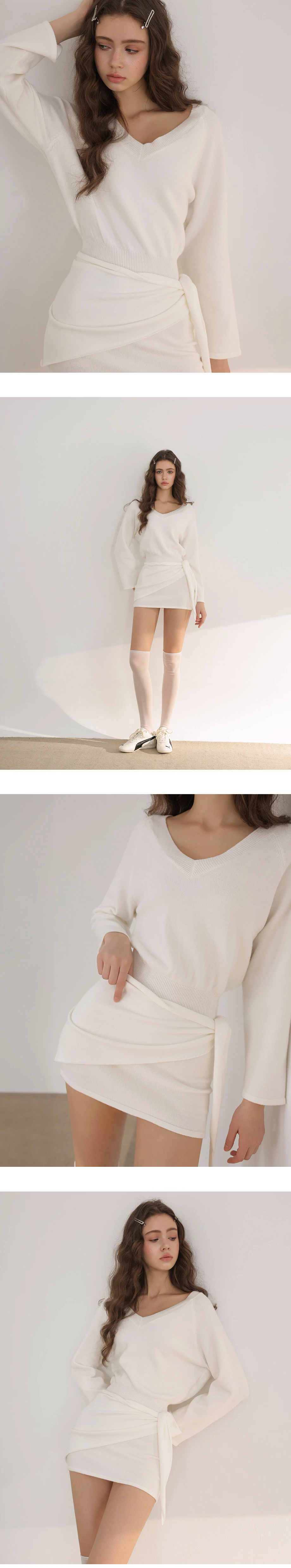 V Neck Long Sleeve Ribbed Knit Mini Dress (with Scarf)