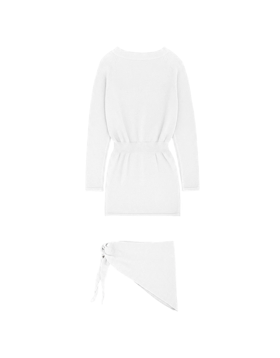 V Neck Long Sleeve Ribbed Knit Mini Dress (with Scarf)