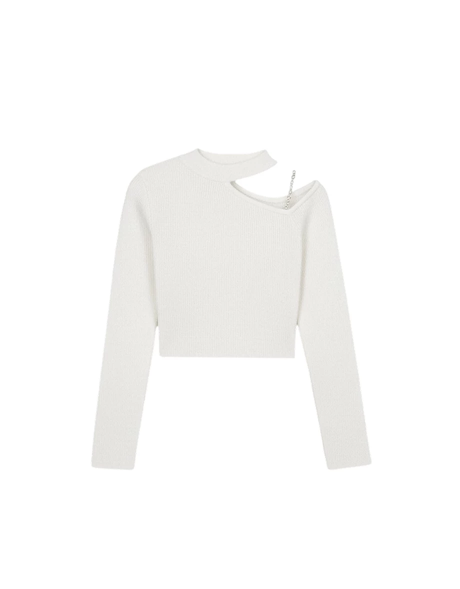 Asymmetric Pearl Strap Halter Neck Ribbed Knit Top