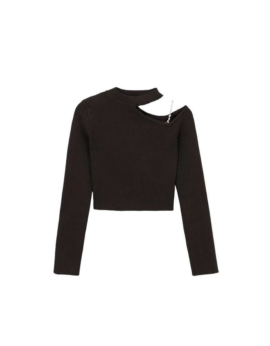 Asymmetric Pearl Strap Halter Neck Ribbed Knit Top