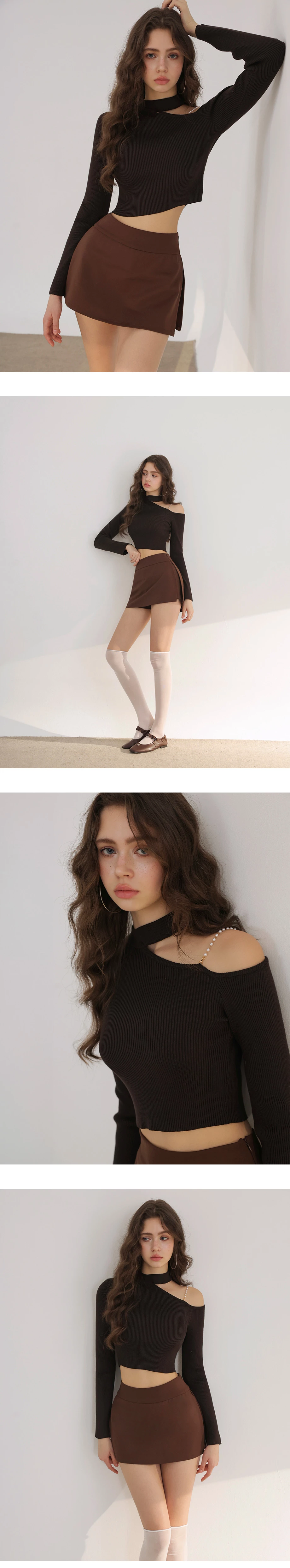 Asymmetric Pearl Strap Halter Neck Ribbed Knit Top