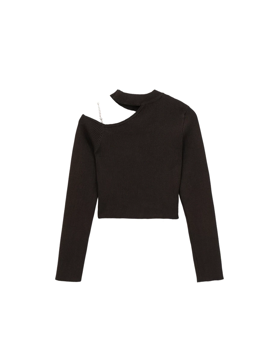 Asymmetric Pearl Strap Halter Neck Ribbed Knit Top