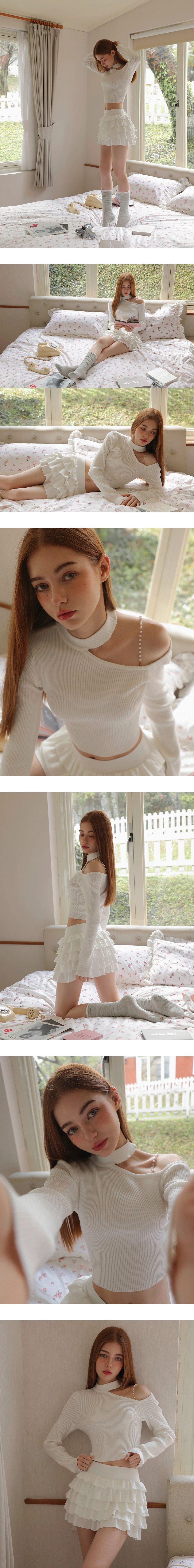 Asymmetric Pearl Strap Halter Neck Ribbed Knit Top