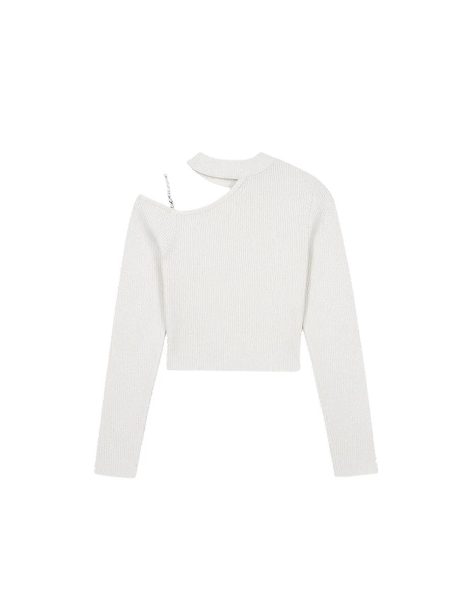 Asymmetric Pearl Strap Halter Neck Ribbed Knit Top