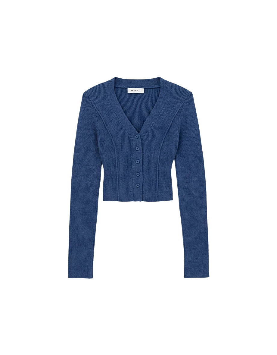 Button Front V Neck Ribbed Knit Cropped Cardigan