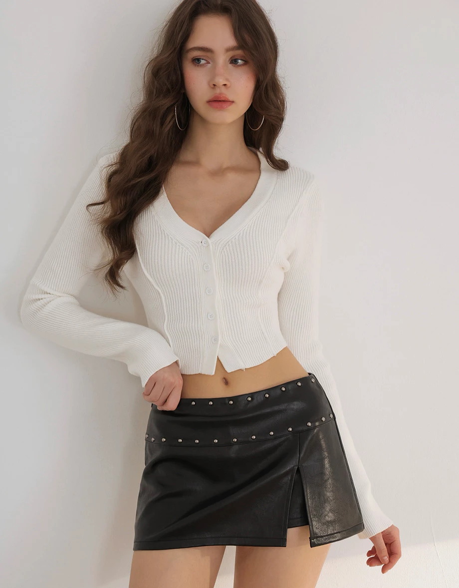 Button Front V Neck Ribbed Knit Cropped Cardigan