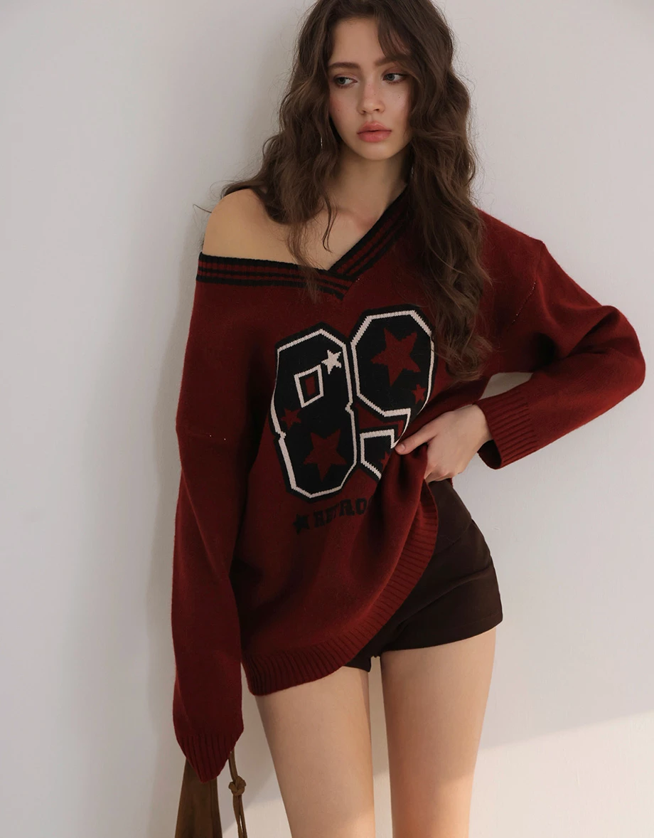 Contrast Trim Retro Number Print V Neck Knit Longline Sweater