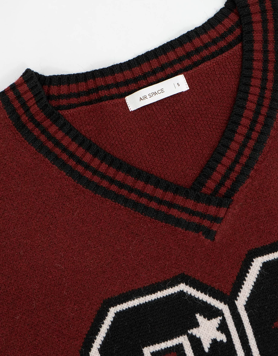 Contrast Trim Retro Number Print V Neck Knit Longline Sweater