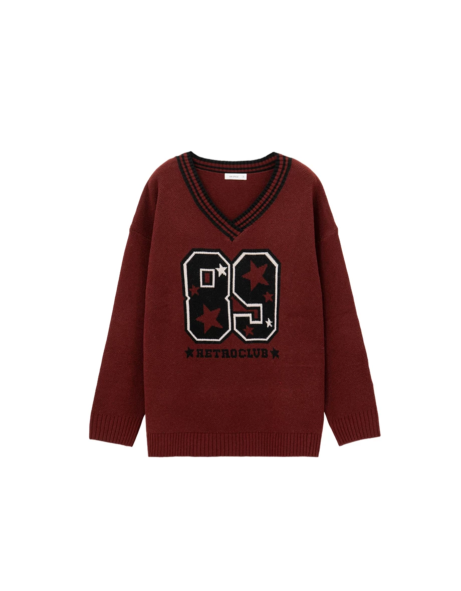 Contrast Trim Retro Number Print V Neck Knit Longline Sweater