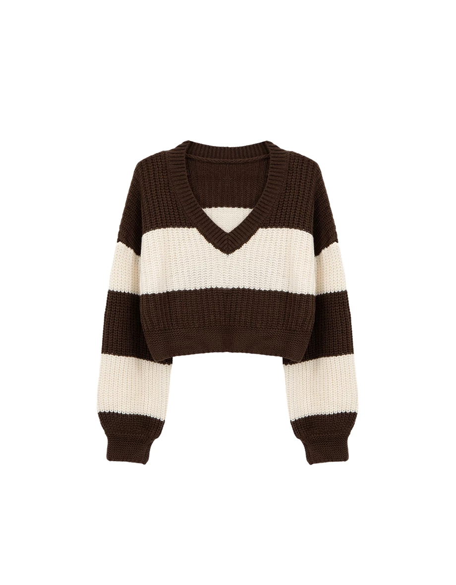 Classic V Neck Contrast Striped Knit Cropped Sweater