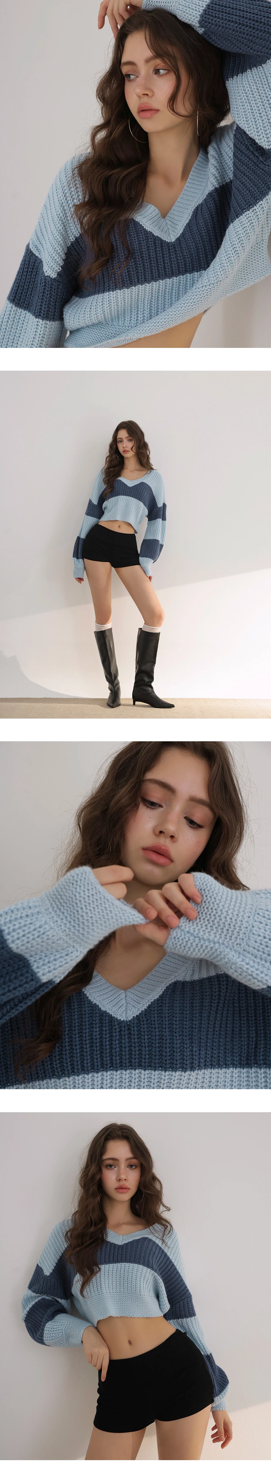 Classic V Neck Contrast Striped Knit Cropped Sweater