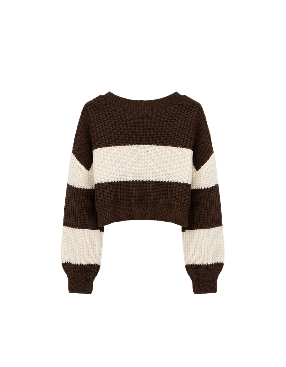 Classic V Neck Contrast Striped Knit Cropped Sweater