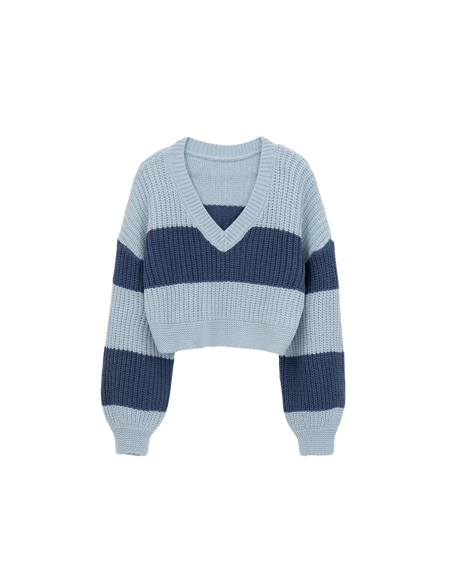 Classic V Neck Contrast Striped Knit Cropped Sweater