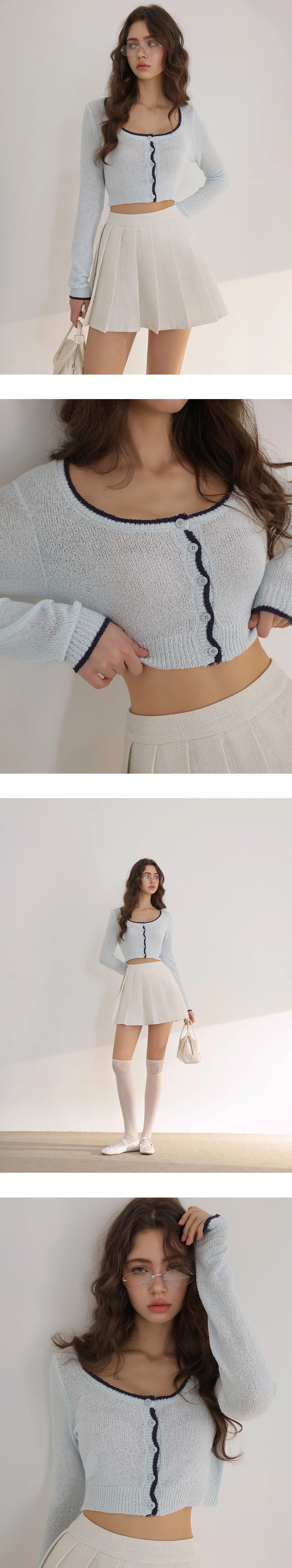 Chic Contrast Trim Round Neck Cropped Knit Cardigan