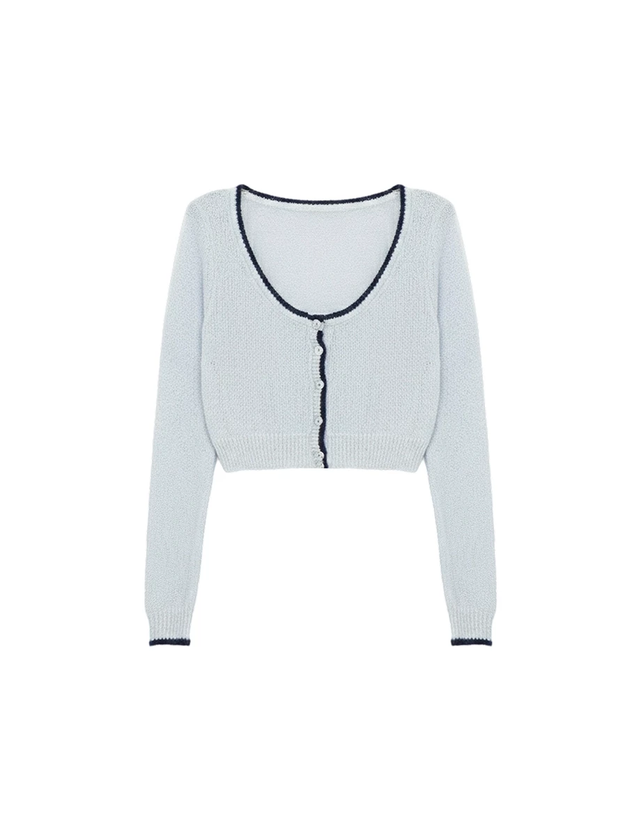 Chic Contrast Trim Round Neck Cropped Knit Cardigan
