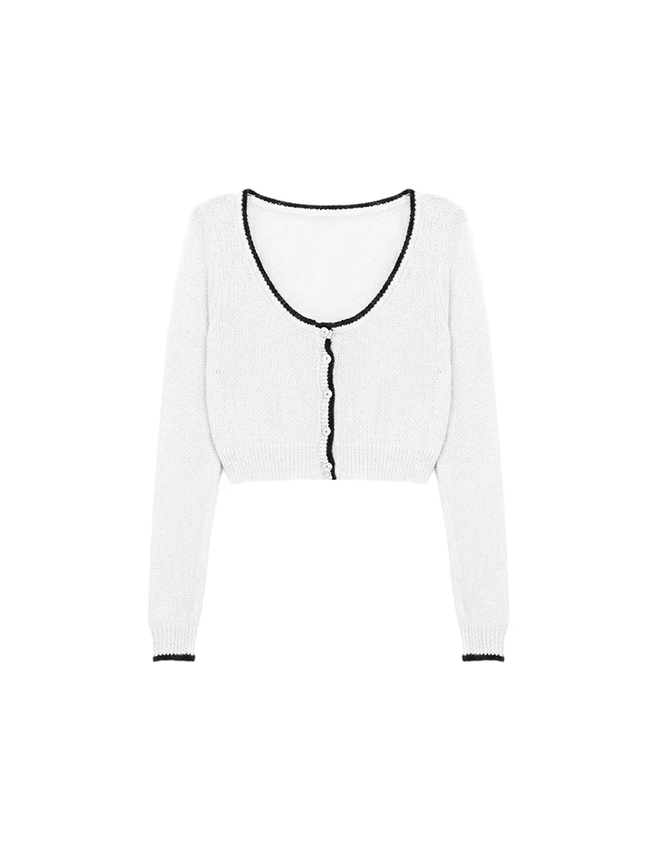 Chic Contrast Trim Round Neck Cropped Knit Cardigan