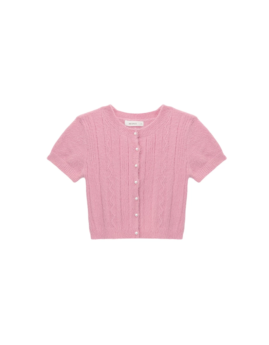 圓領珍珠排扣波浪坑條短袖仿貂毛針織開襟衫