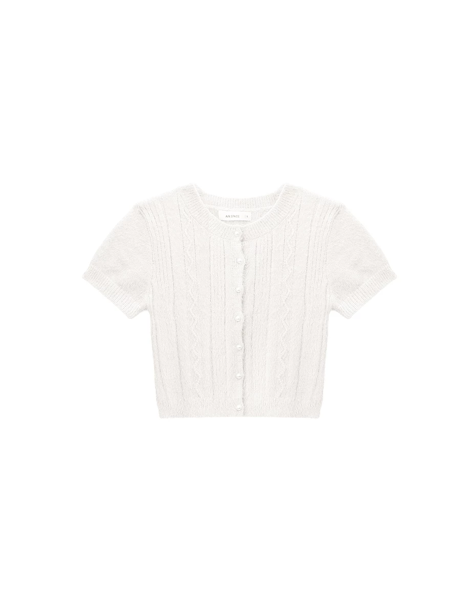 圓領珍珠排扣波浪坑條短袖仿貂毛針織開襟衫