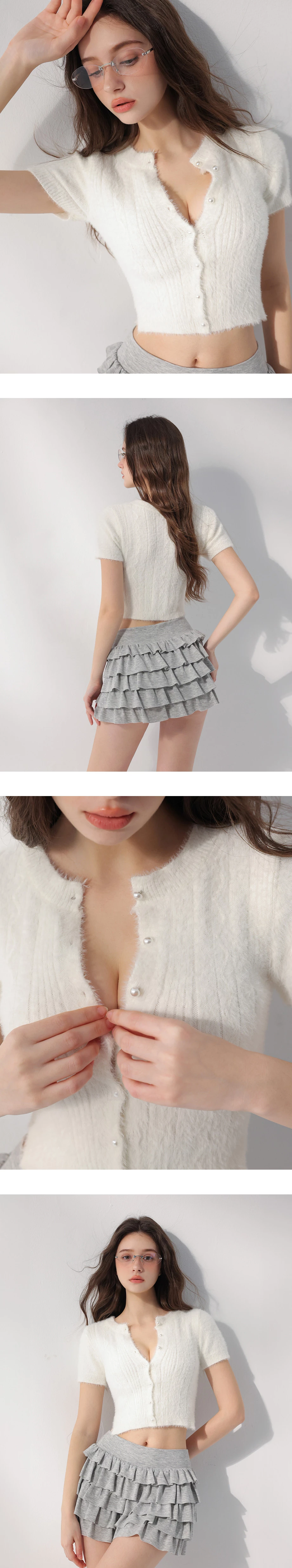 圓領珍珠排扣波浪坑條短袖仿貂毛針織開襟衫