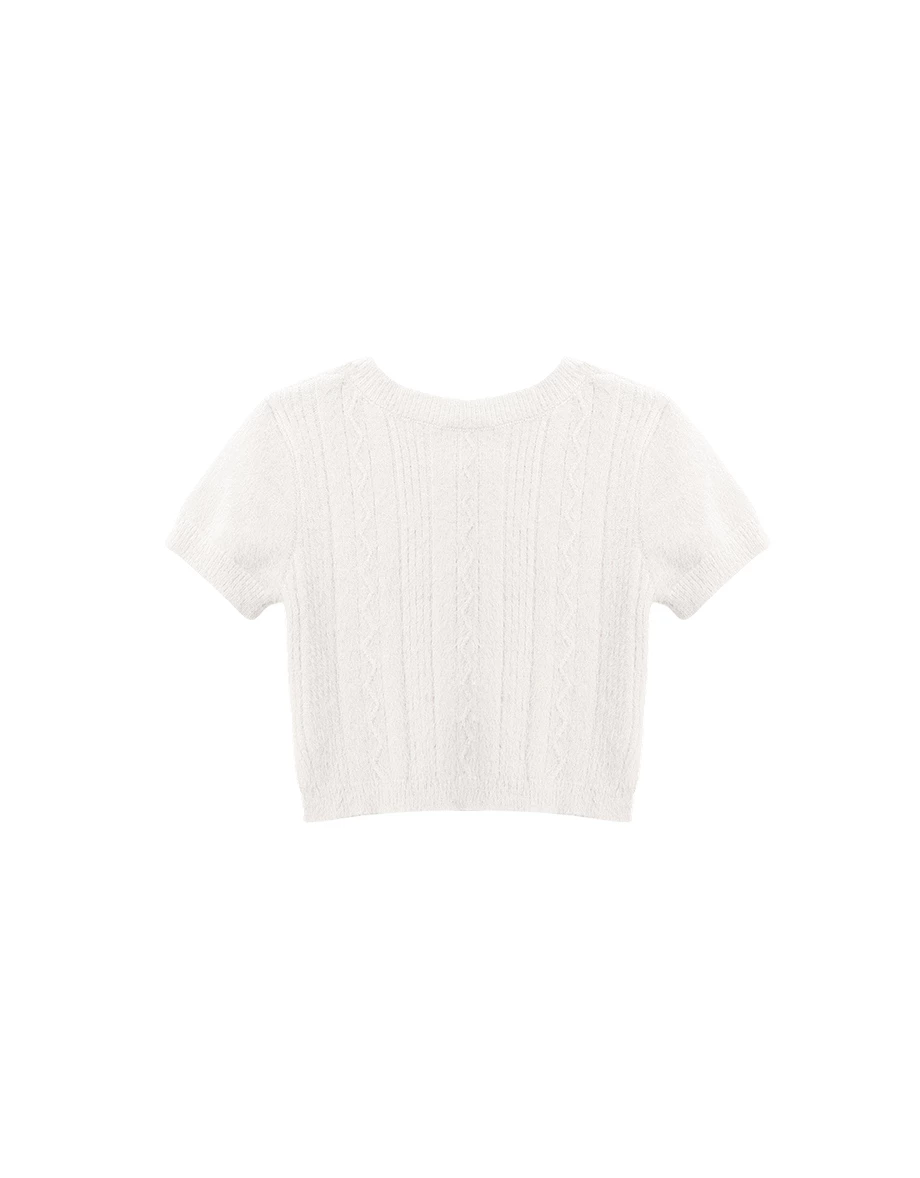 圓領珍珠排扣波浪坑條短袖仿貂毛針織開襟衫