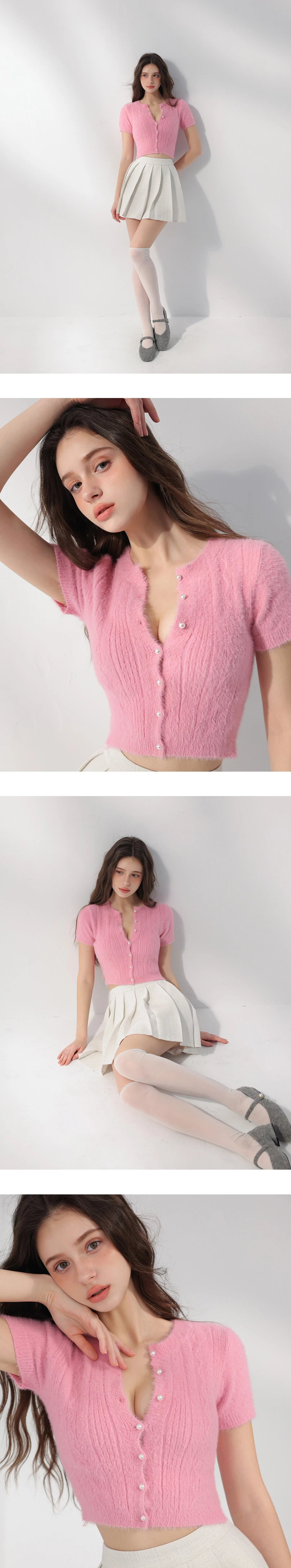 圓領珍珠排扣波浪坑條短袖仿貂毛針織開襟衫