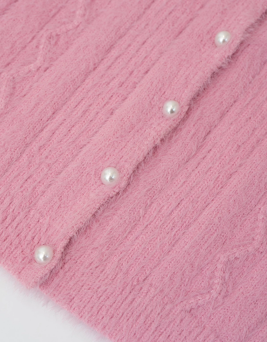 圓領珍珠排扣波浪坑條短袖仿貂毛針織開襟衫