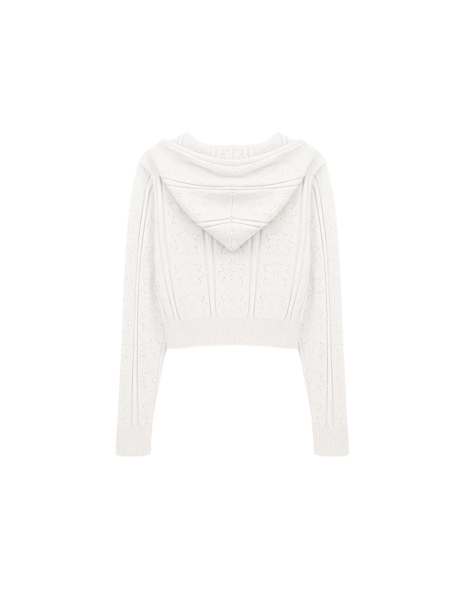 鏤空小花織紋長袖短版連帽拉鍊針織外套 鏤空小花織紋長袖短版連帽拉鍊針織外套