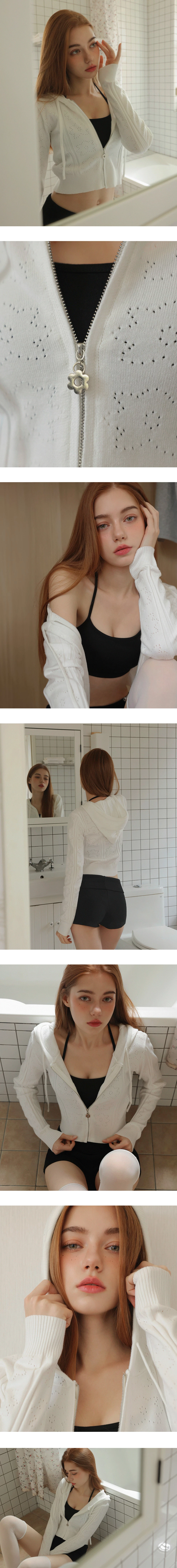 鏤空小花織紋長袖短版連帽拉鍊針織外套 鏤空小花織紋長袖短版連帽拉鍊針織外套