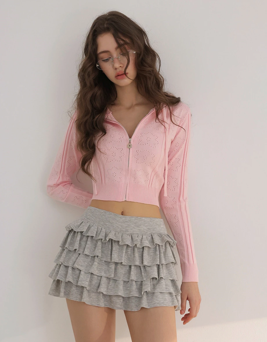 鏤空小花織紋長袖短版連帽拉鍊針織外套