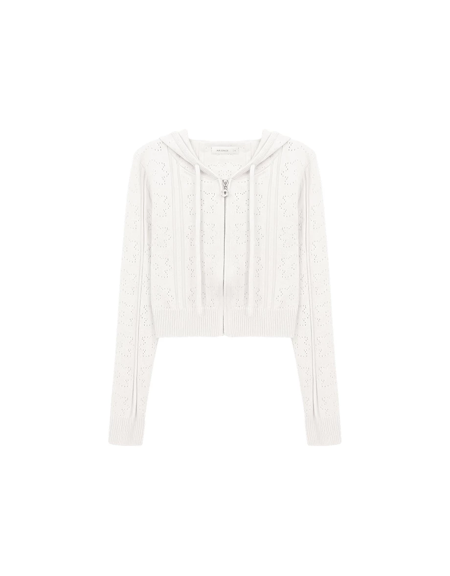 鏤空小花織紋長袖短版連帽拉鍊針織外套